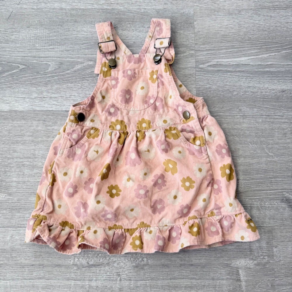 Wild Wawa Toddler Girls Pink Floral Corduroy Pinafore Dress Ruffle Hem 2-3 Years